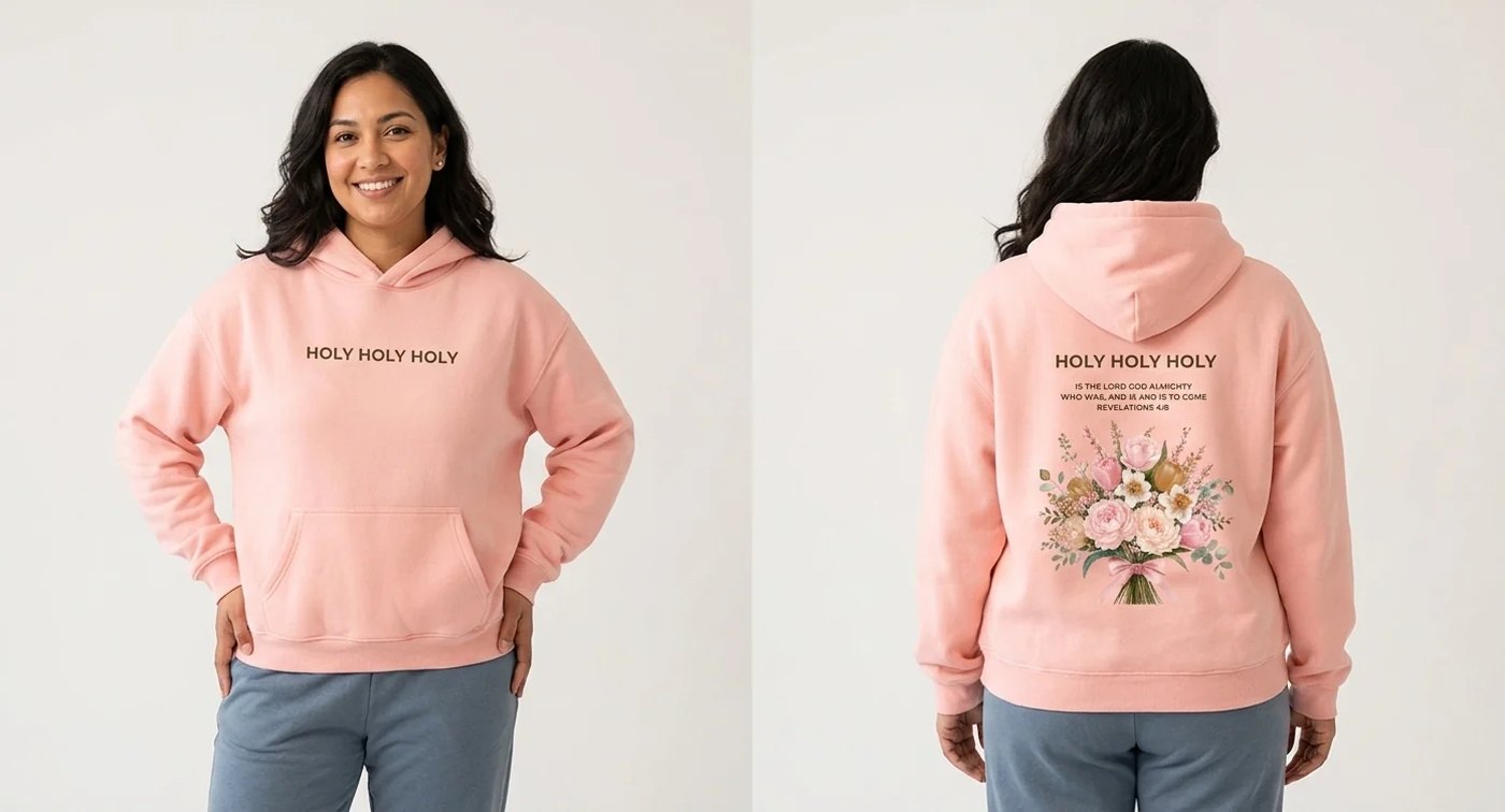 Harvest hoodie by Azara, front and back view of the Holy Holy Holy design